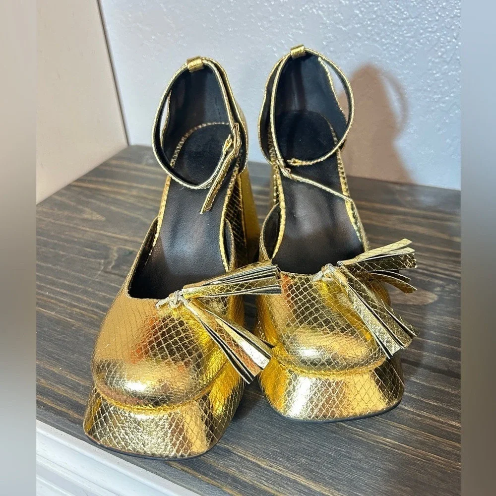 Gold Metallic Snakeskin Platform‎ Heels Tassel Square Toe Chunky Block Heel 5.5